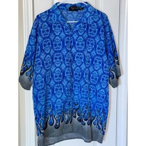 Men’s NO CONTEST Microfiber Skulls And Flames Button Up Blue Shirt‎ L (16-16.5)